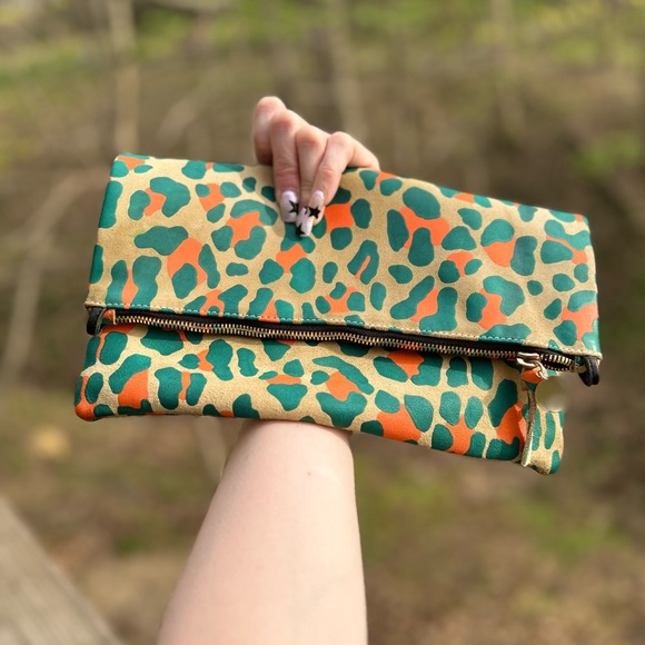 Clare V Leopard Print Clutch in Green and Orange - Picture 3 of 9